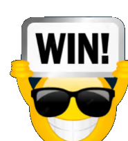 Smiling emoji wearing sunglasses and holding up a WIN! sign
